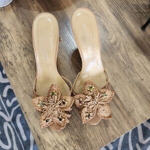 Valentino Garavani Tan Floral Embellished Mules